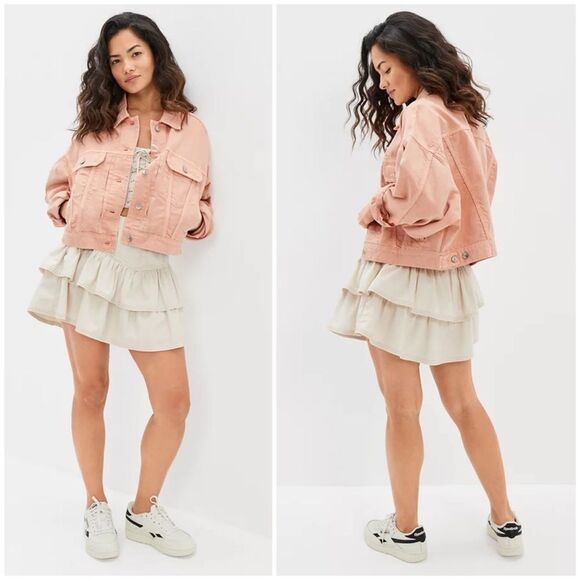 American Eagle AEO Cropped Denim Jacket in Peach Size XXL - Picture 1 of 13
